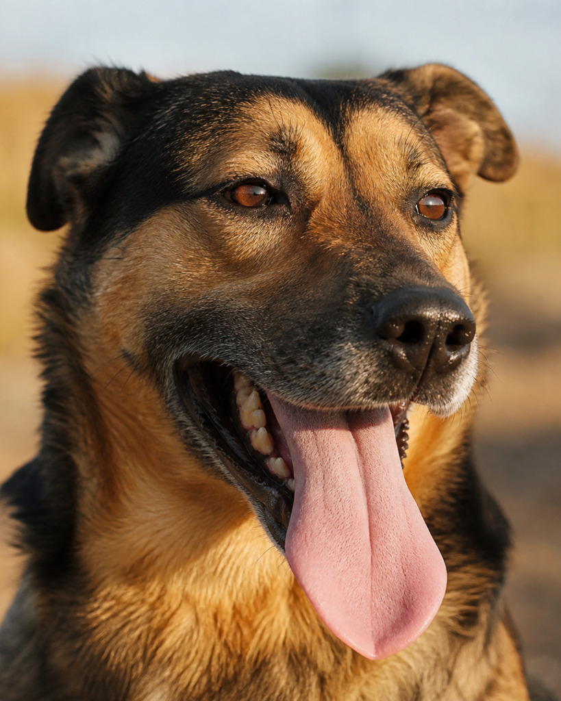 Hund hechelt mit weit herausgestreckter Zunge an einem warmen Sommertag
