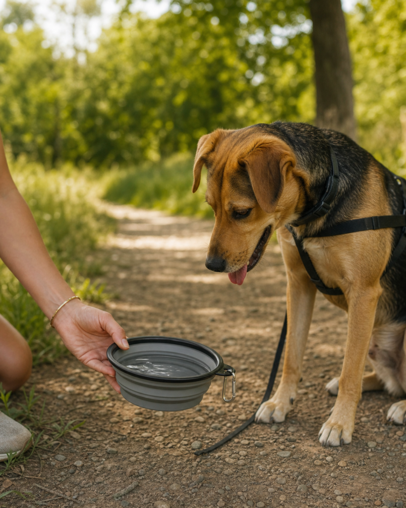 Person gibt einem Hund unterwegs Wasser aus einer faltbaren Schüssel