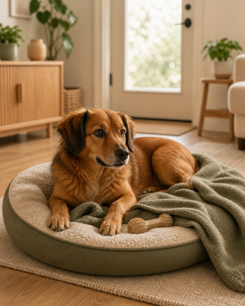 Hund liegt ruhig auf einem gemütlichen Bett mit Decke als sicherem Ruheplatz