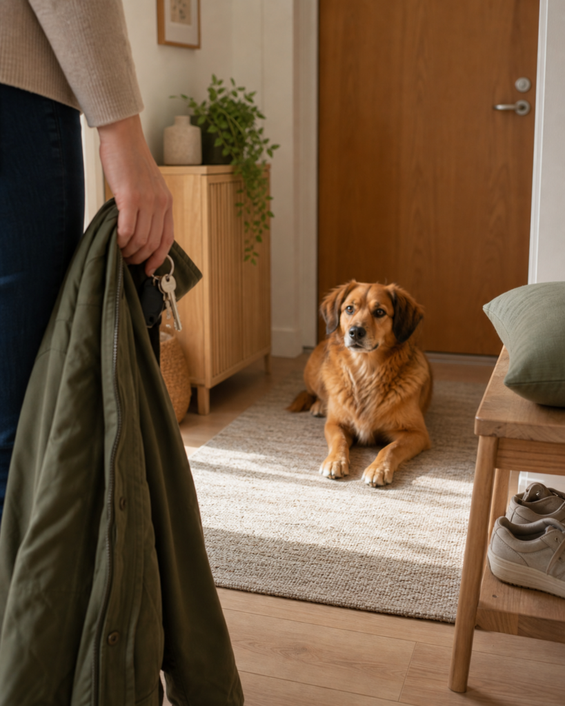 Hund sitzt entspannt im Flur, während eine Hand Schlüssel und Jacke hält