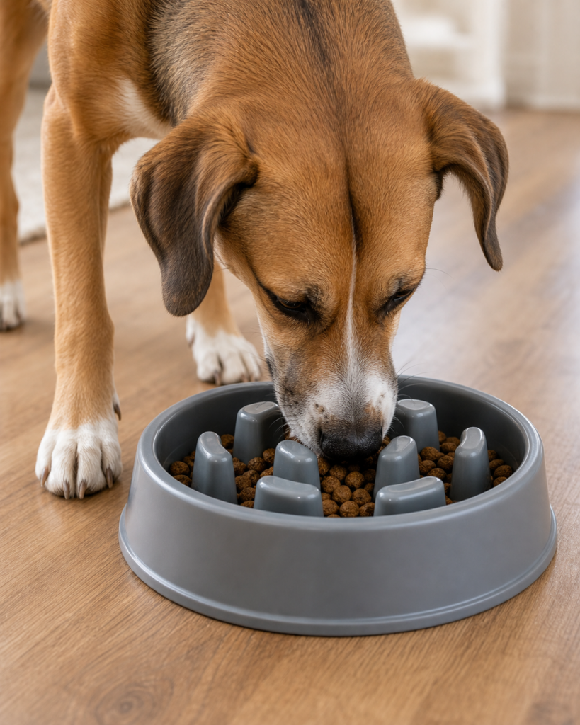 Hund frisst aus einem Anti-Schling-Napf mit erhöhten Stegen
