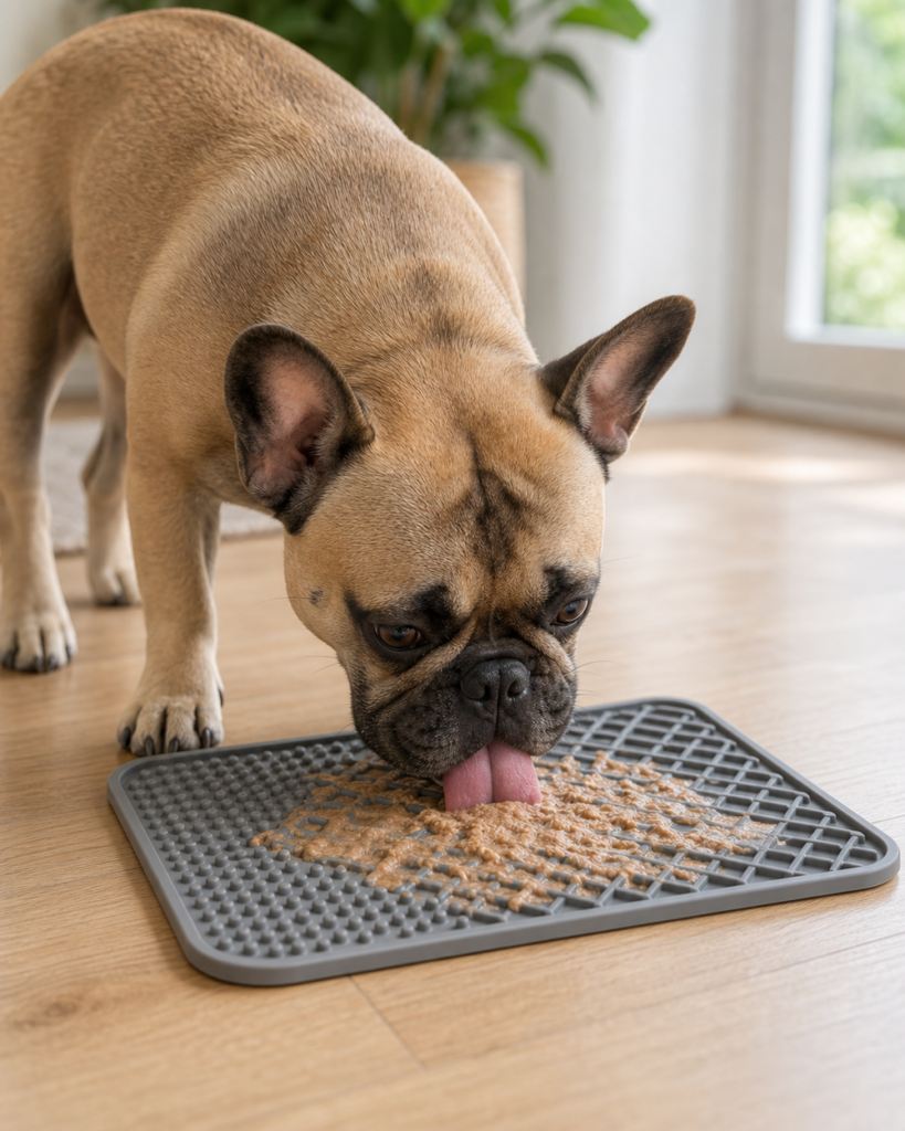 Hund leckt Nassfutter von einer strukturierten Schleckmatte