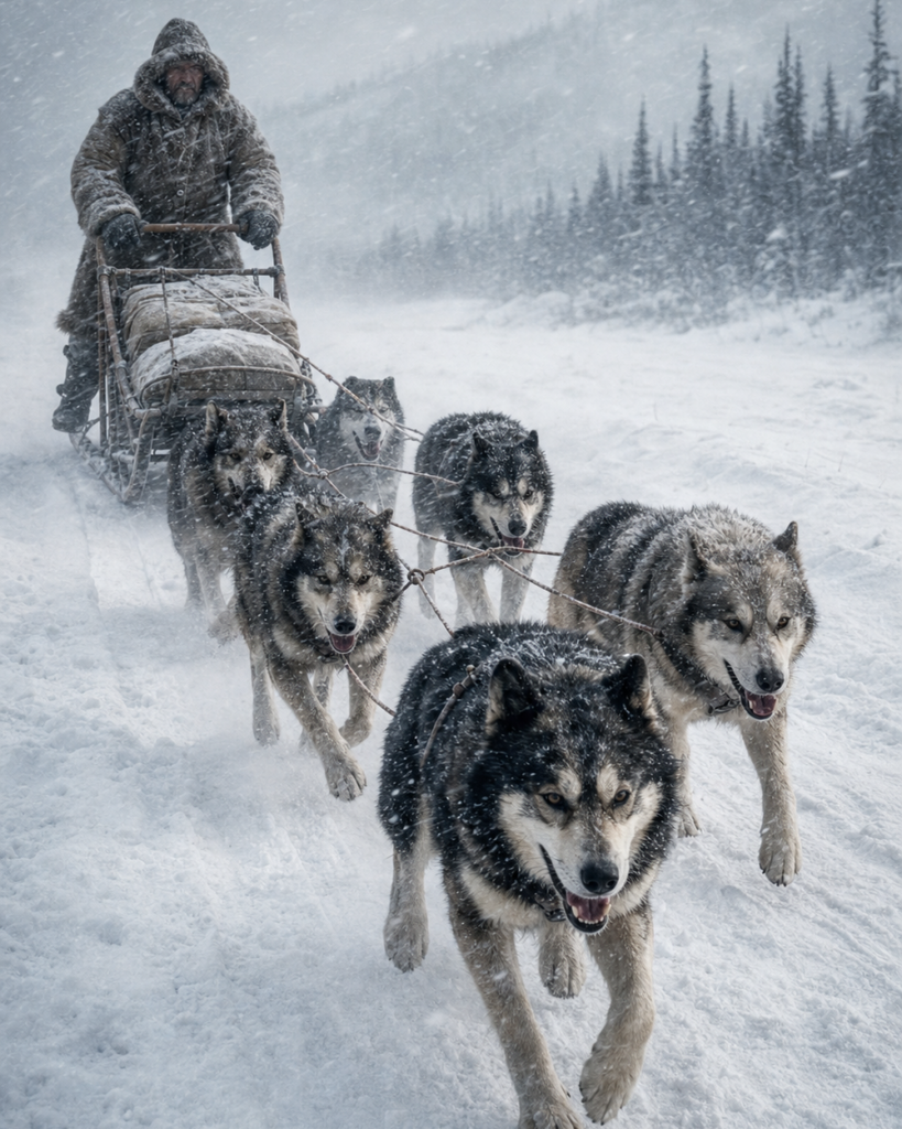 Schlittenhundeteam läuft durch einen Schneesturm auf einer weiten arktischen Strecke