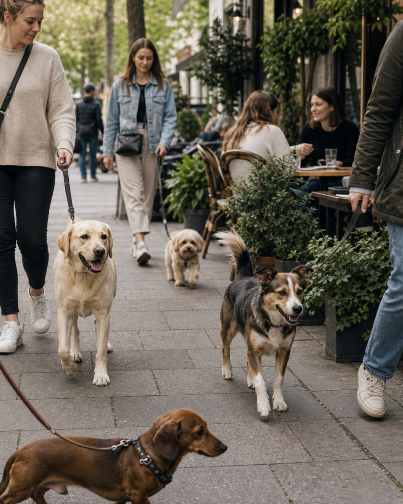 Verschiedene Hunde laufen mit ihren Menschen an einem Café in einer deutschen Stadt vorbei