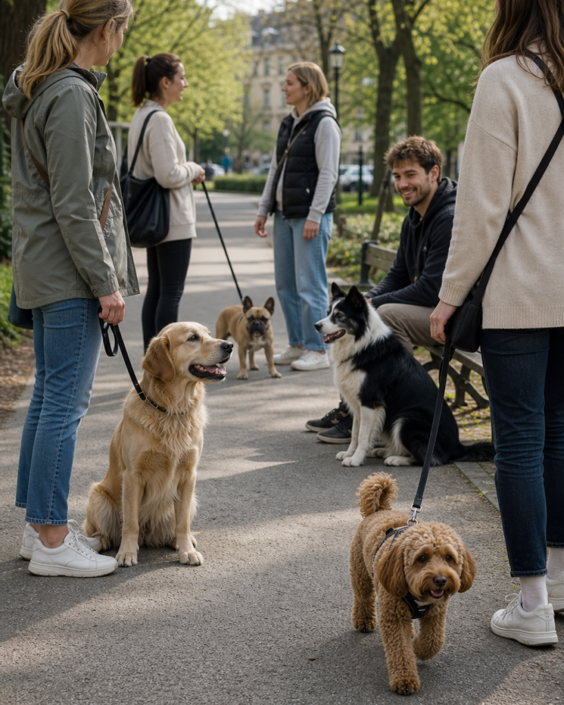 Mehrere unterschiedliche Hunderassen begegnen sich entspannt auf einem Stadtparkweg