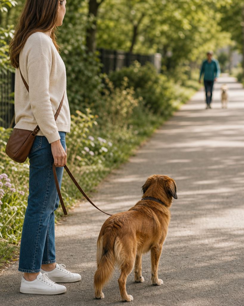 Hund und Mensch halten beim Spaziergang entspannten Abstand auf einem ruhigen Weg