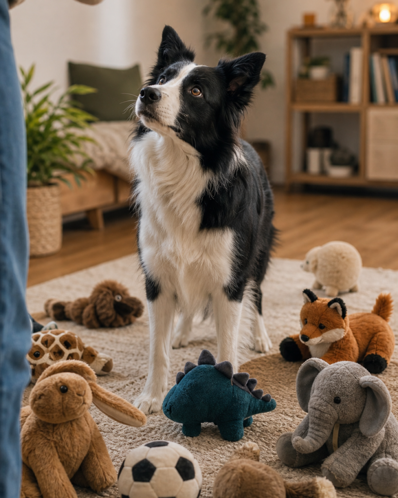 Border Collie wartet aufmerksam zwischen vielen Spielzeugen auf ein Signal