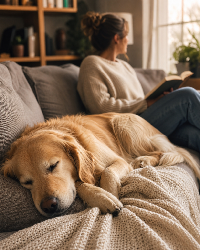 Hund schläft entspannt auf dem Sofa, während ein Mensch ruhig daneben sitzt
