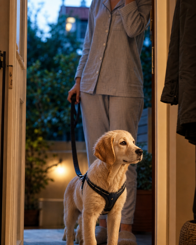 Junger Hund wartet früh am Morgen an der Tür, während sein Mensch im Schlafanzug die Leine hält