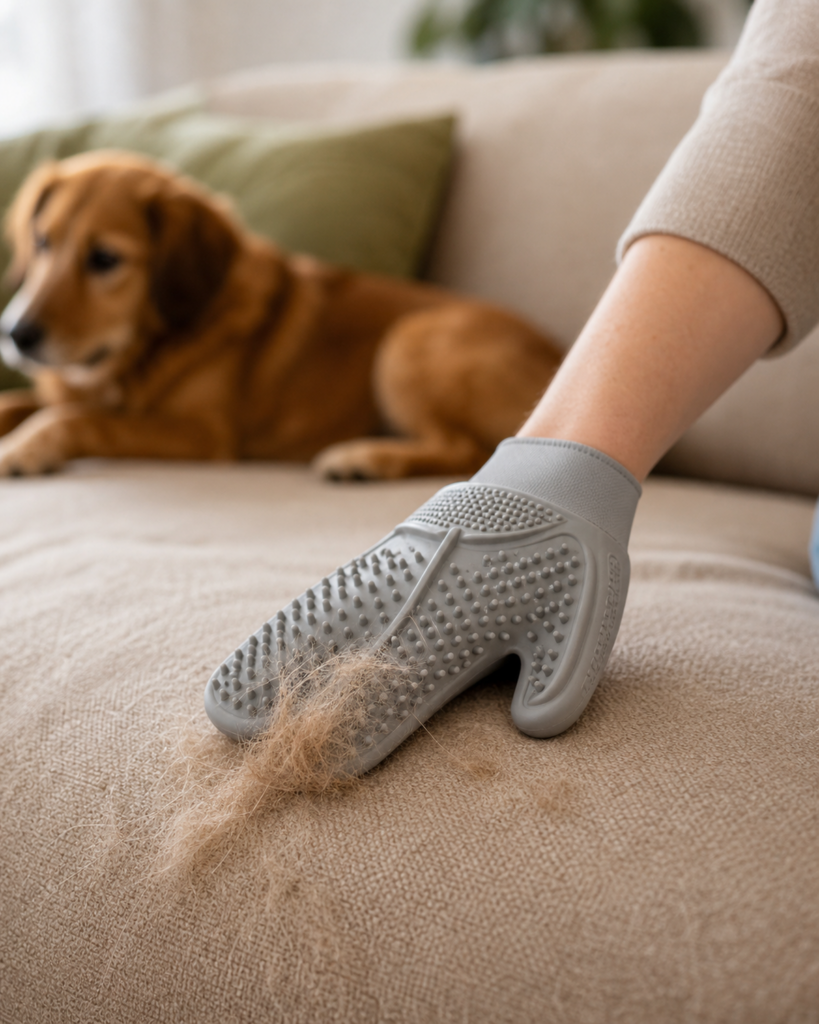 Hand mit Gummihandschuh entfernt Hundehaare von einem Stoffsofa