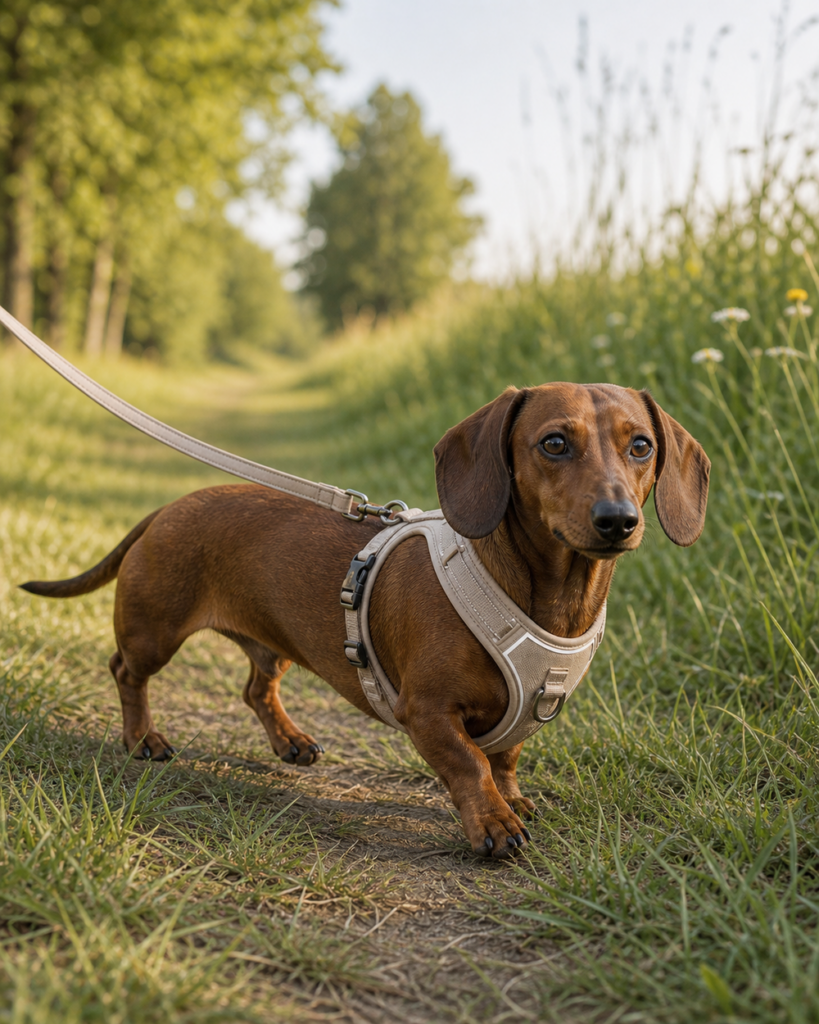 Dackel mit gut sitzendem Y-Geschirr läuft an lockerer Leine über eine Wiese