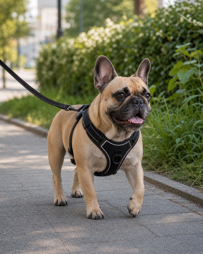 Französische Bulldogge mit gut sitzendem Y-No-Pull-Geschirr läuft an lockerer Leine