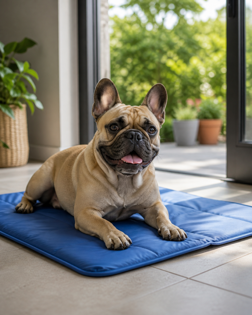 Französische Bulldogge liegt im Sommer mit heraushängender Zunge auf einer Kühlmatte