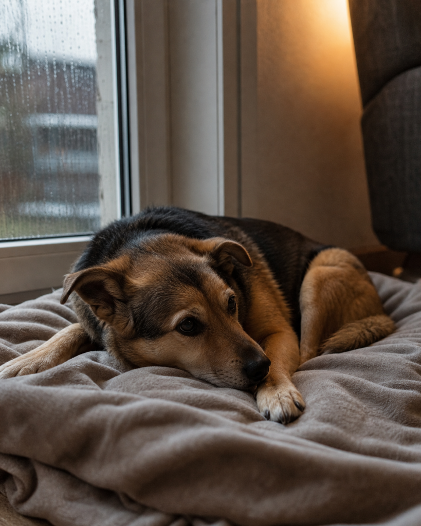 Hund liegt bei Gewitter auf einer Decke in einer ruhigen Zimmerecke