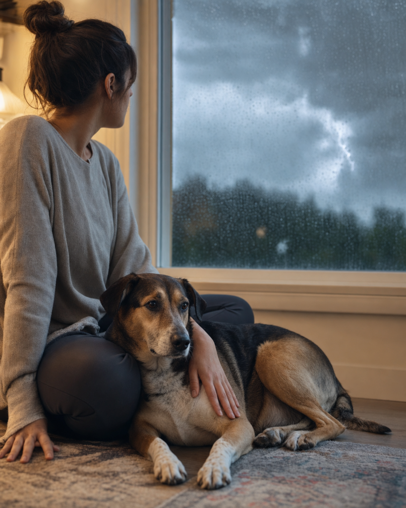 Mensch sitzt ruhig neben einem unsicheren Hund, während draußen ein Gewitter aufzieht