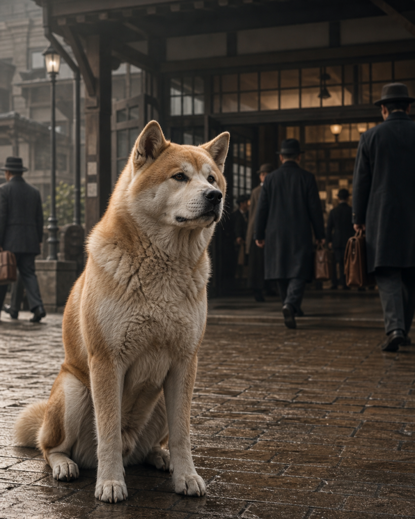 Akita Inu wartet ruhig vor einem historischen Bahnhof in Tokio