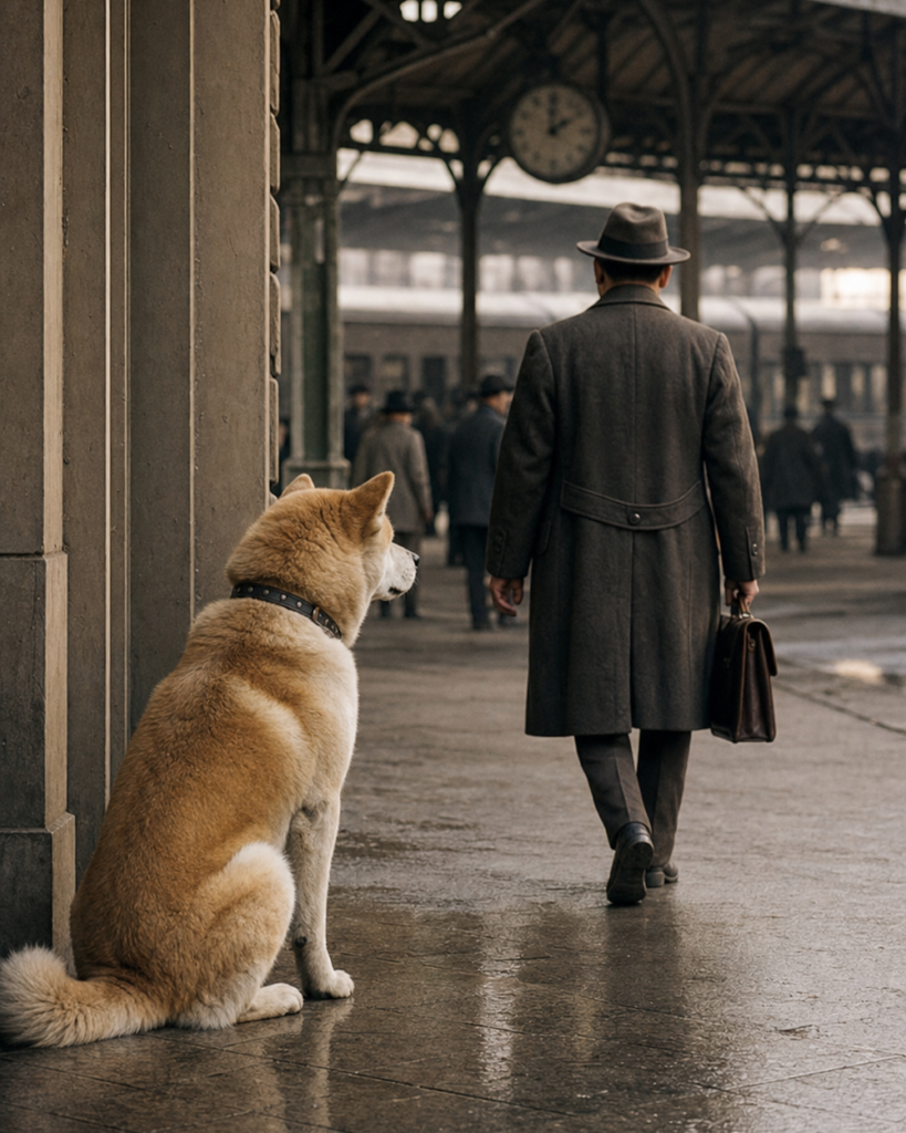 Akita Inu begleitet seinen Menschen am Morgen zum Bahnhof
