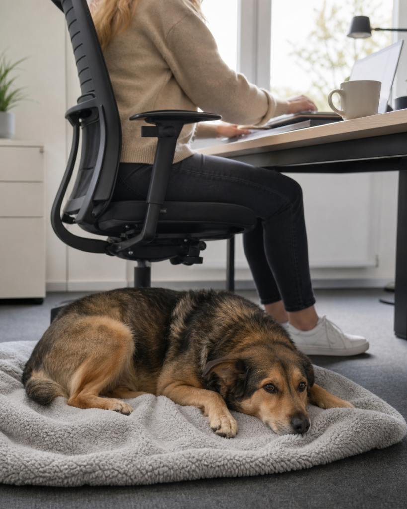 Hund liegt entspannt auf einer Decke neben einem Schreibtischstuhl