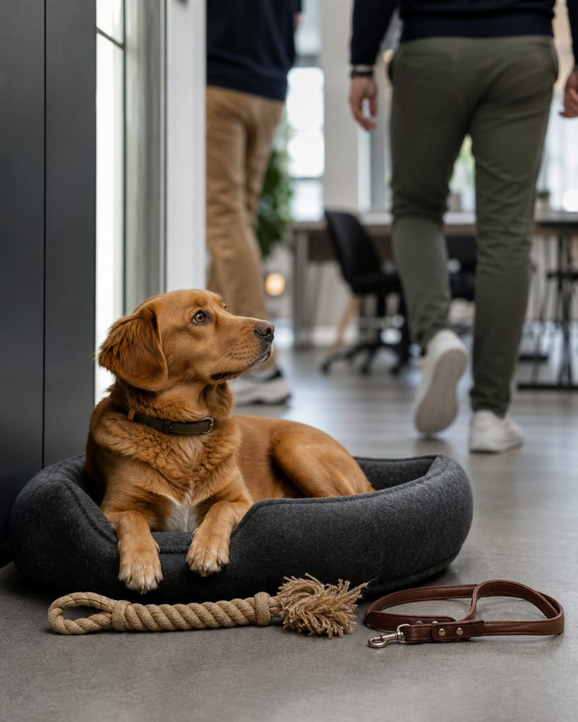 Ruhiger Hund wartet auf seinem Platz in einem Büroflur