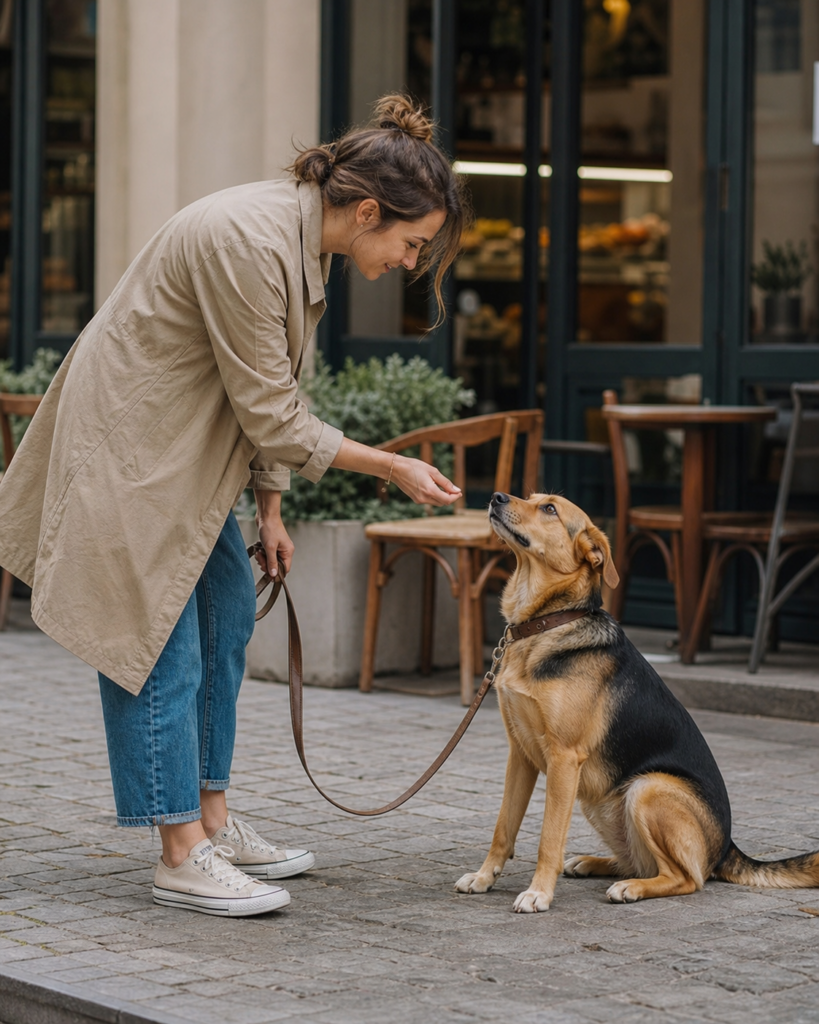 Mensch belohnt einen ruhig sitzenden Hund vor einem Café bei lockerer Leine