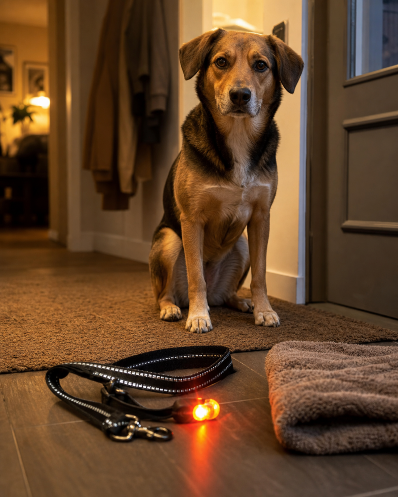 Hund wartet im Flur vor der Abendrunde neben Leine, Licht und Handtuch