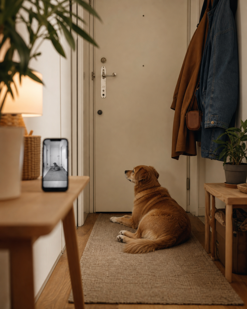 Hund liegt aufmerksam vor einer Wohnungstür, daneben ein Handy mit geöffneter Hundekamera