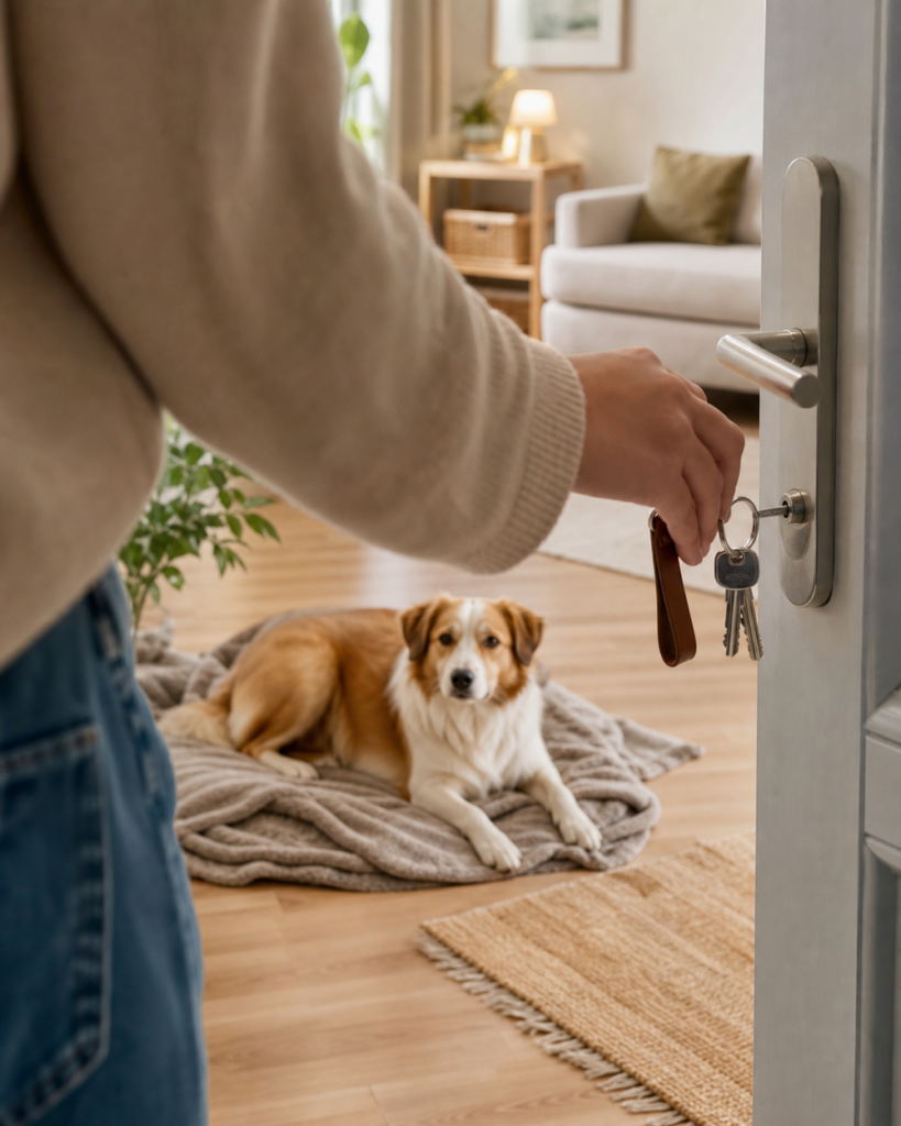 Hund entspannt auf einer Decke, während sein Mensch an der Wohnungstür kleine Alleinbleib-Schritte übt