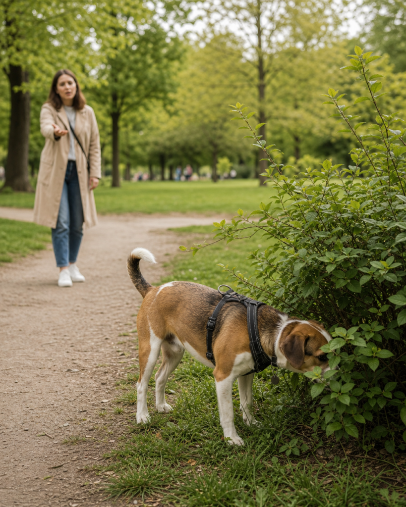 Hund schnüffelt im Park weiter, während sein Mensch ihn aus einiger Entfernung ruft