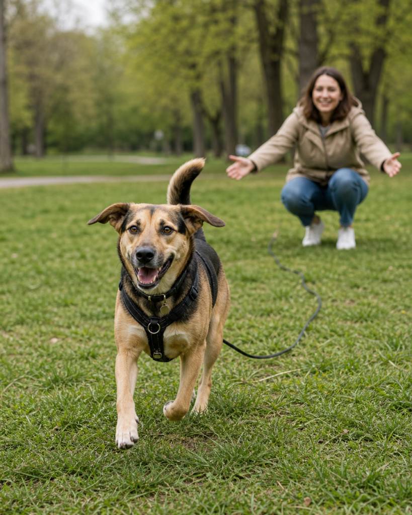 Hund läuft an einer langen Trainingsleine freudig zu seinem Menschen zurück