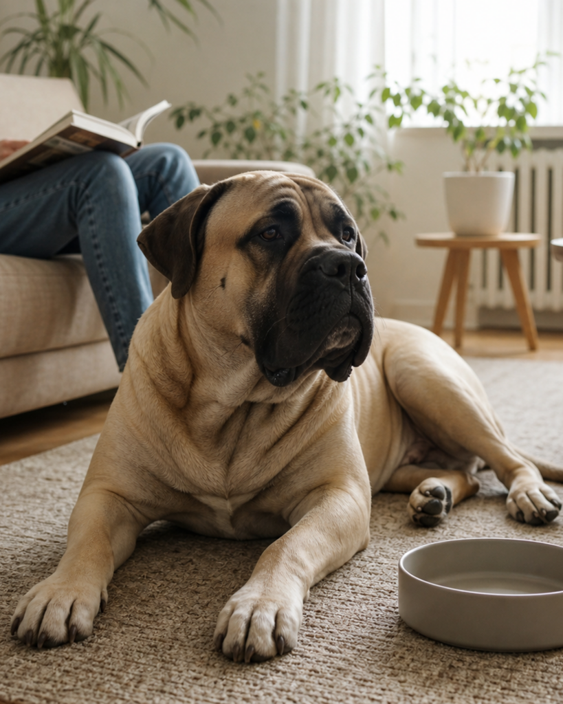 Hund liegt nach dem Fressen entspannt auf einer Matte in einer hellen Küche