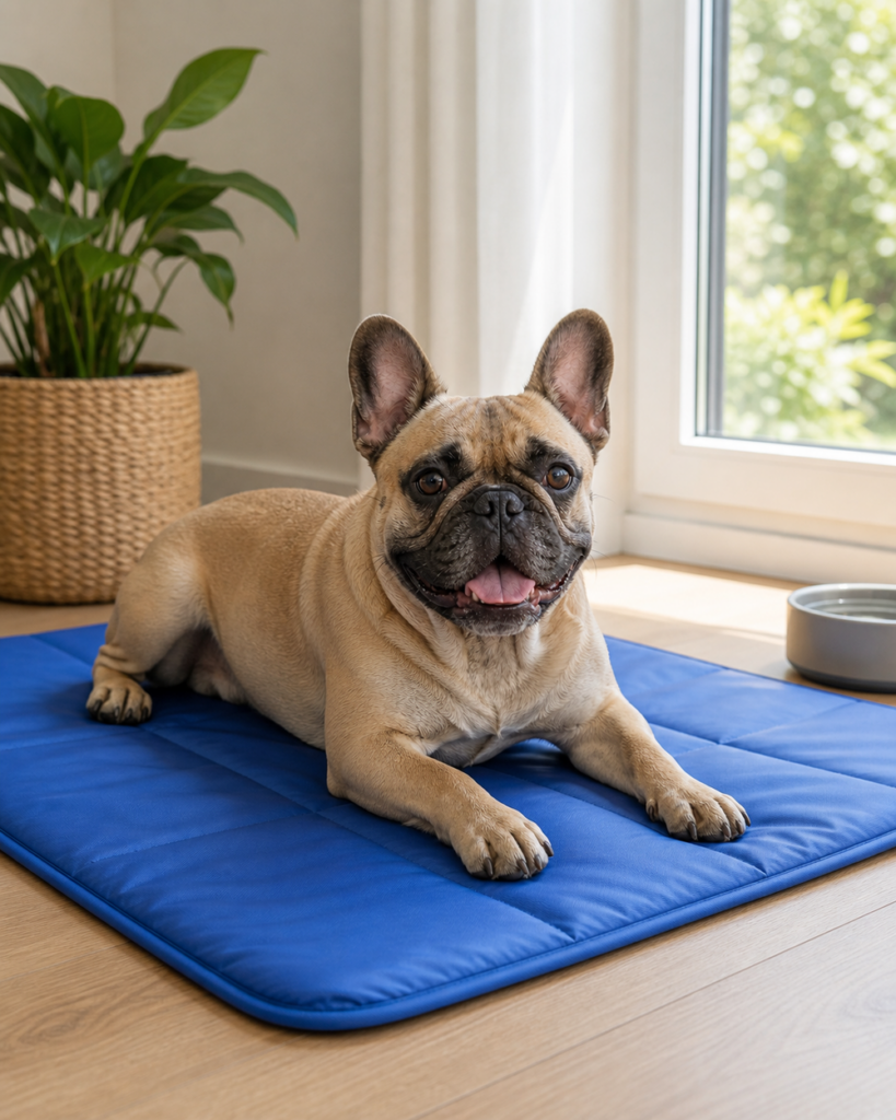 Hund liegt mit heraushängender Zunge entspannt auf einer Kühlmatte