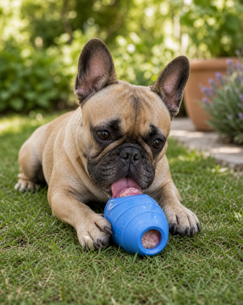 Hund leckt an einem gefüllten und gefrorenen Kühlspielzeug im Garten