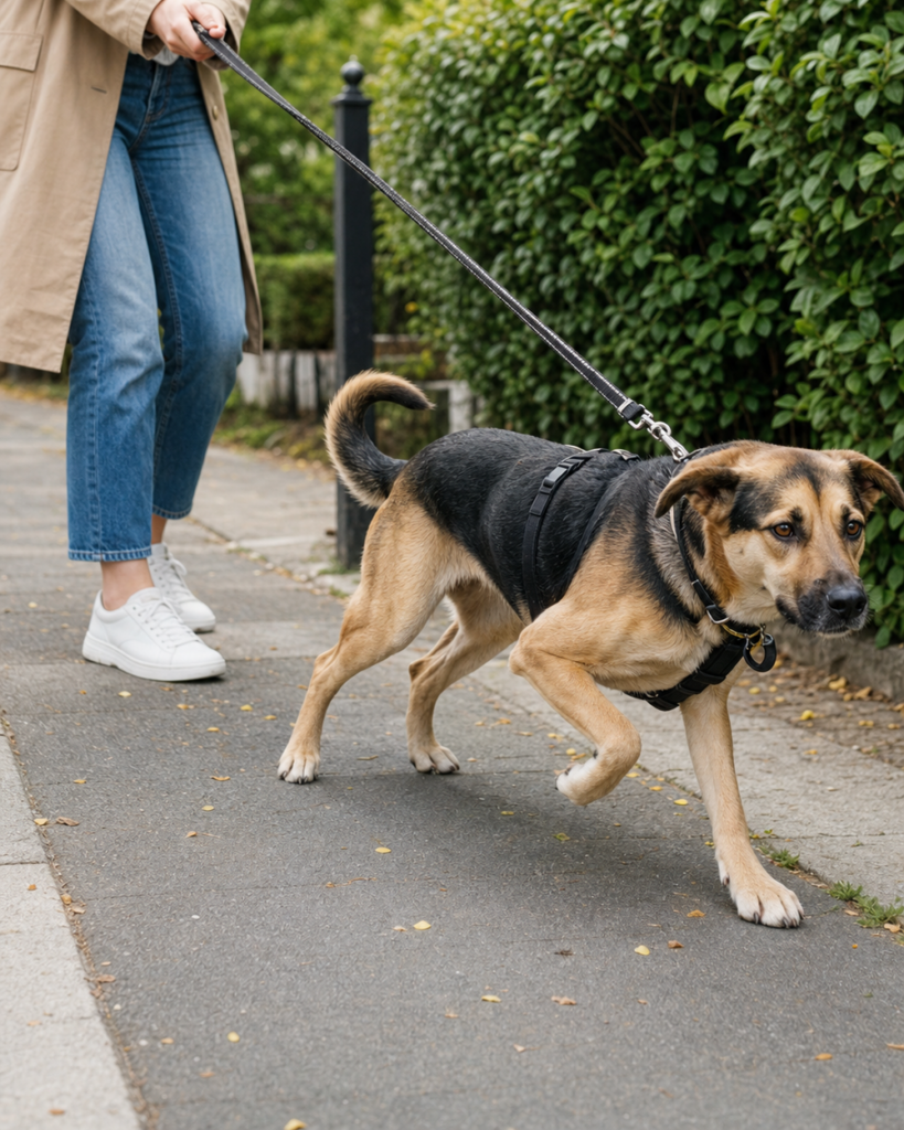 Hund zieht an gespannter Leine auf einem Gehweg, während sein Mensch ruhig stehen bleibt