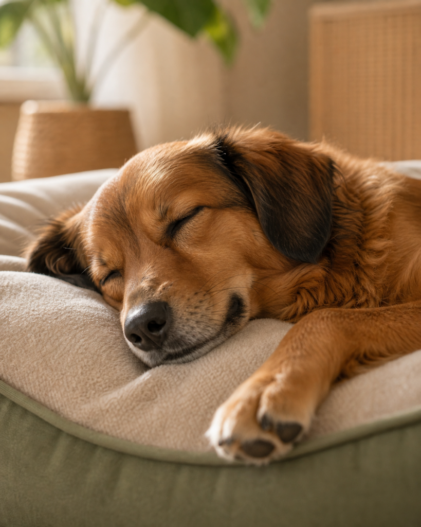 Schlafender Hund liegt entspannt mit ausgestreckter Pfote auf einem Hundebett