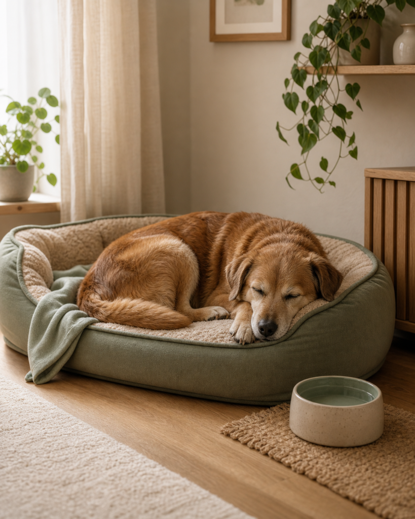 Hund schläft ungestört auf einem gemütlichen Ruheplatz mit Wassernapf daneben