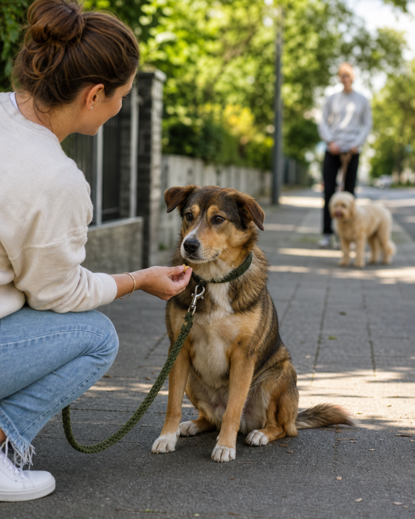 Mensch belohnt einen Hund für Blickkontakt auf einem ruhigen Gehweg mit Hund im Hintergrund