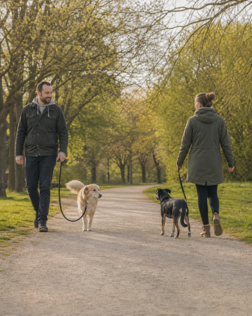 Zwei Hunde gehen mit lockeren Leinen und viel Abstand auf einem Parkweg aneinander vorbei