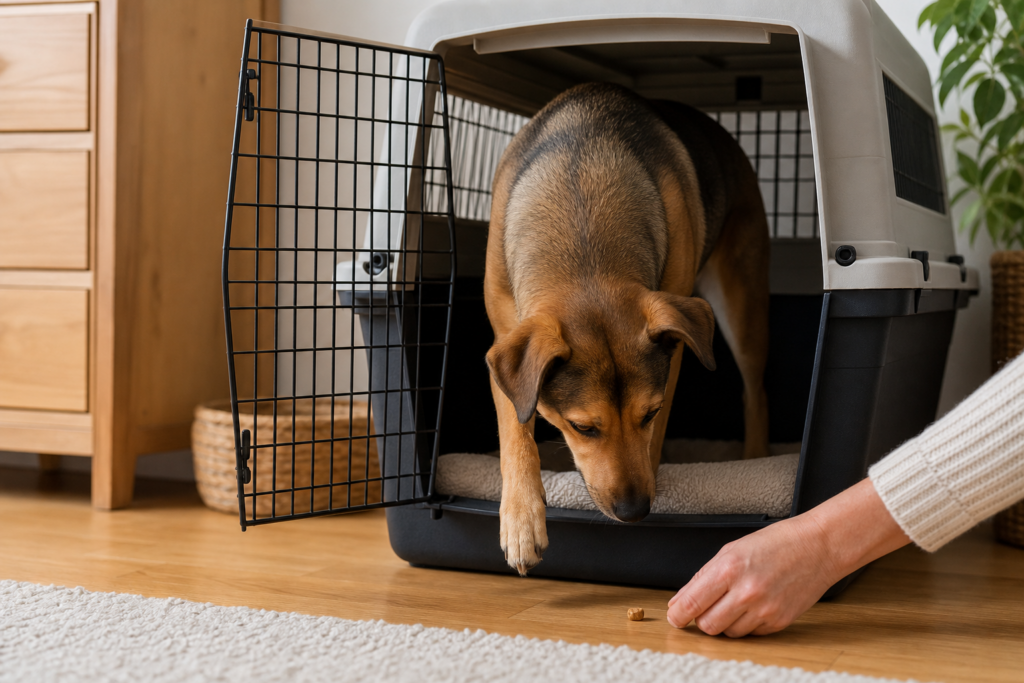 Hund schnuppert freiwillig an einer offenen Hundebox, während eine Hand ein Leckerli danebenlegt