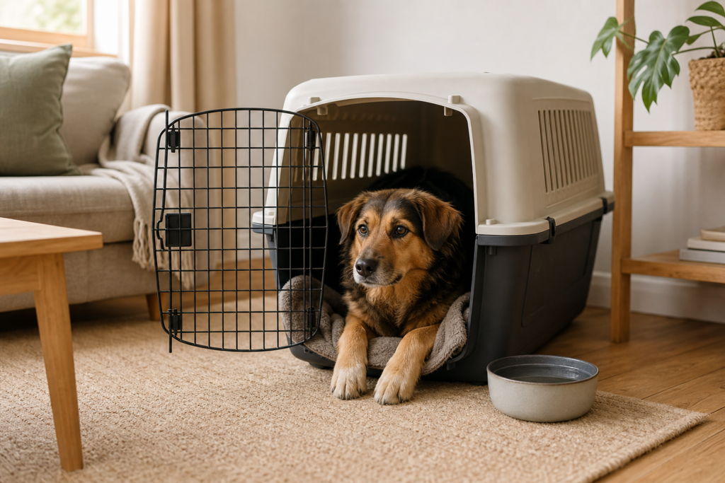 Gemütliche Hundebox mit Decke und Wassernapf, der Hund ruht entspannt an der offenen Tür