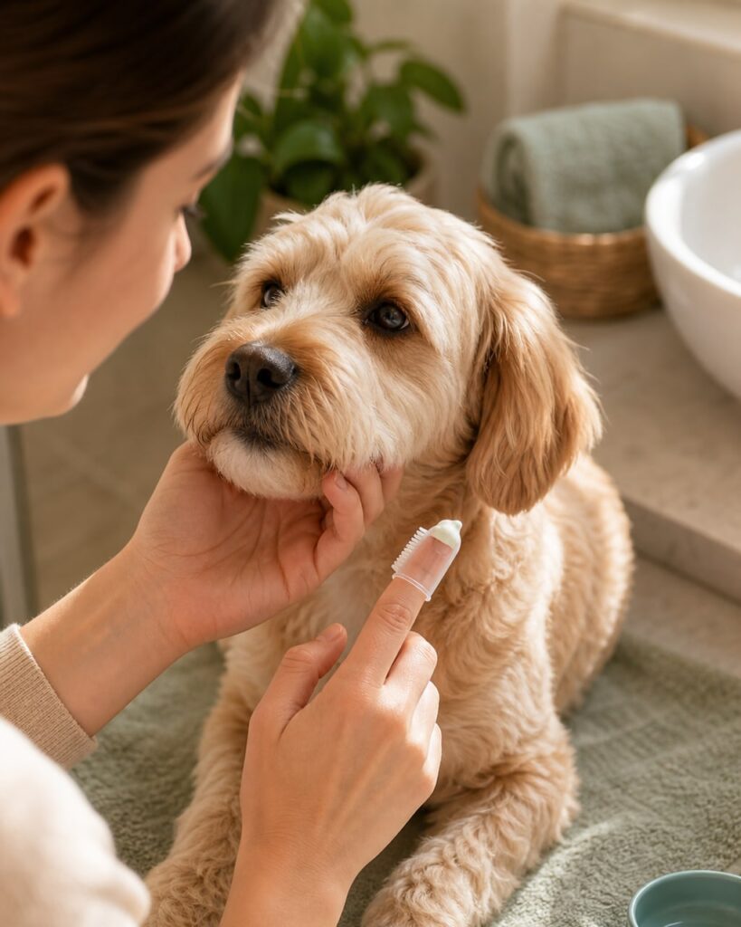 Hund bleibt entspannt, während ein Fingerling mit Zahnpasta vorsichtig eingeführt wird