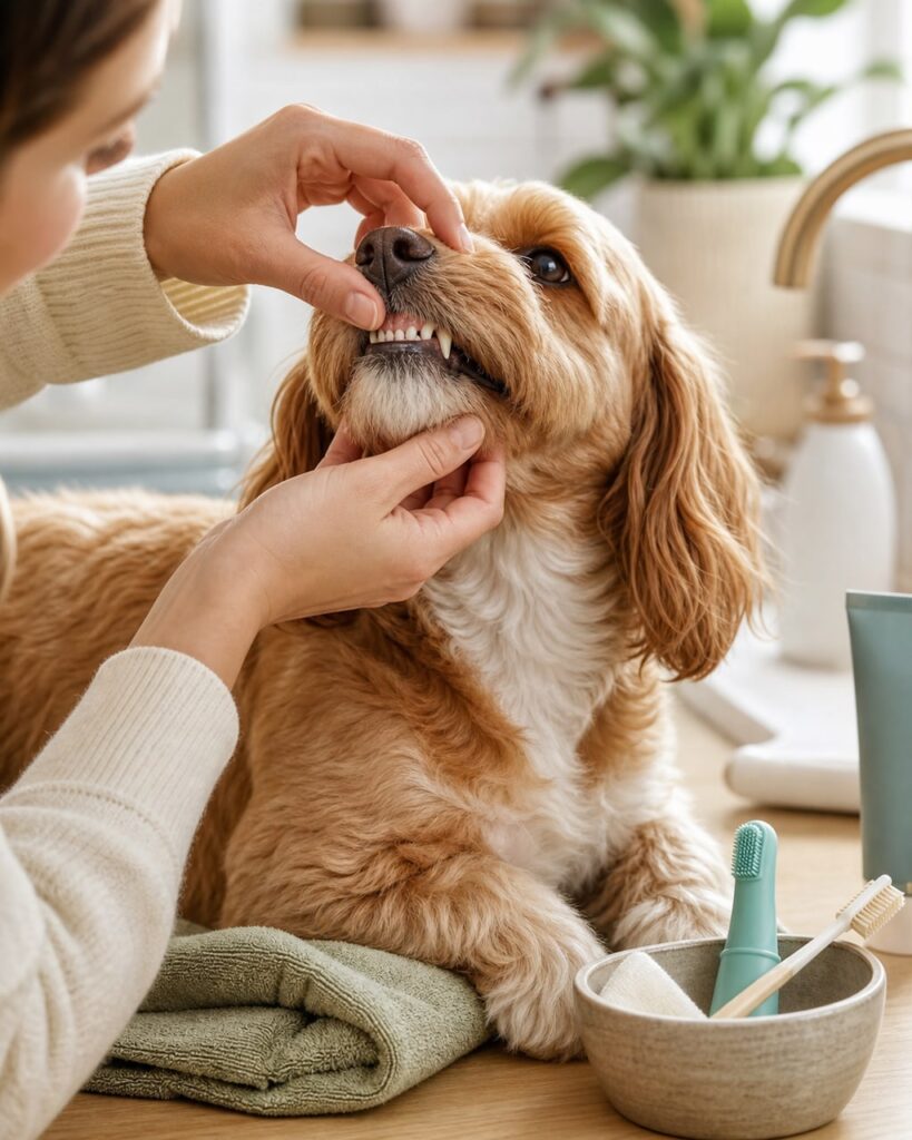 Sanfte Kontrolle der Vorderzähne eines entspannten Hundes zuhause