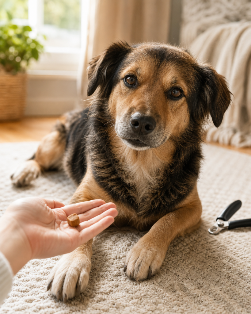 Hund bekommt nach einer kurzen Pfotenübung ein Leckerli, die Krallenschere liegt im Hintergrund