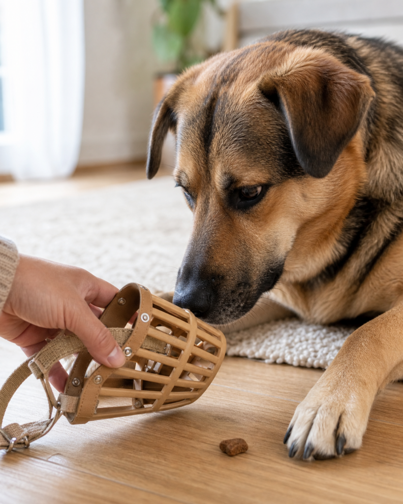 Hund schnuppert entspannt an einem Maulkorb mit Leckerli daneben
