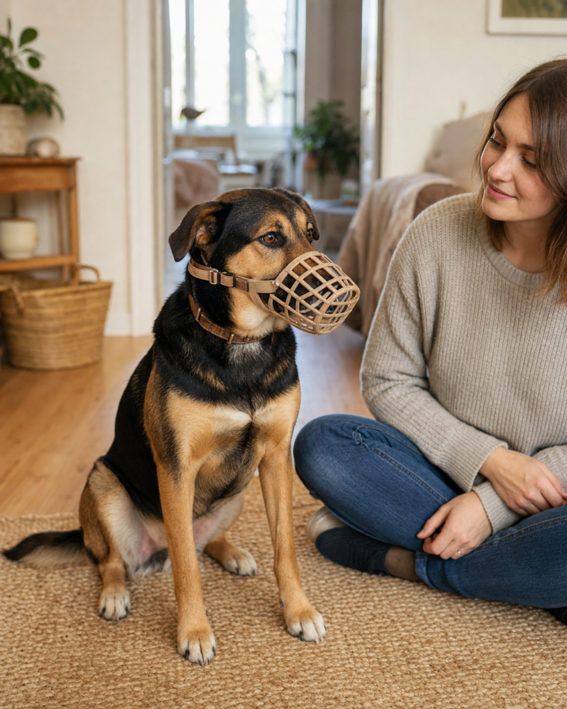 Hund trägt für einen kurzen Übungsmoment ruhig einen gut sitzenden Maulkorb