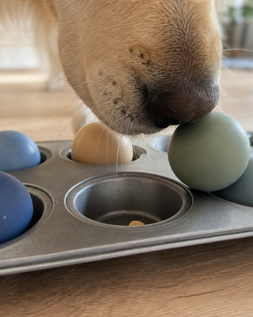 Muffinform mit versteckten Futterstücken als einfaches Schnüffelspiel für Hunde zuhause