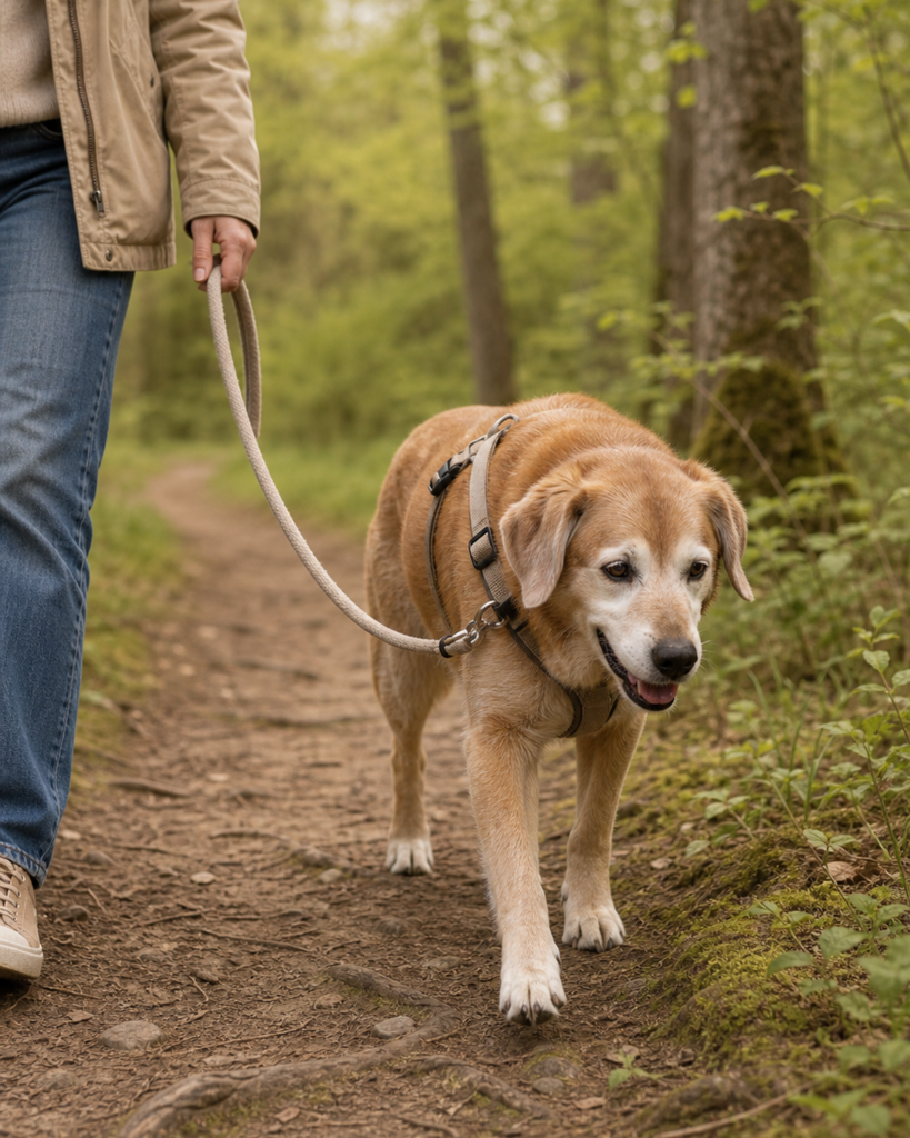 Älterer Hund geht an lockerer Leine in ruhigem Tempo über einen weichen Waldweg