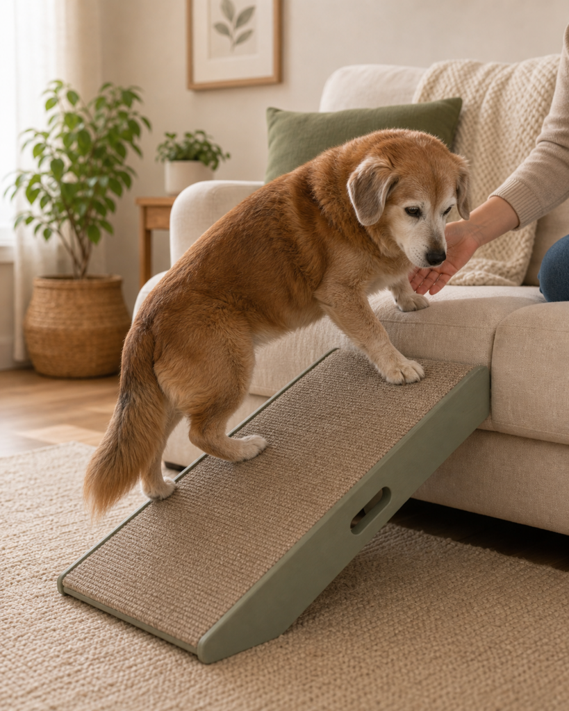 Seniorhund nutzt eine flache Rampe neben dem Sofa in einem warmen Wohnzimmer