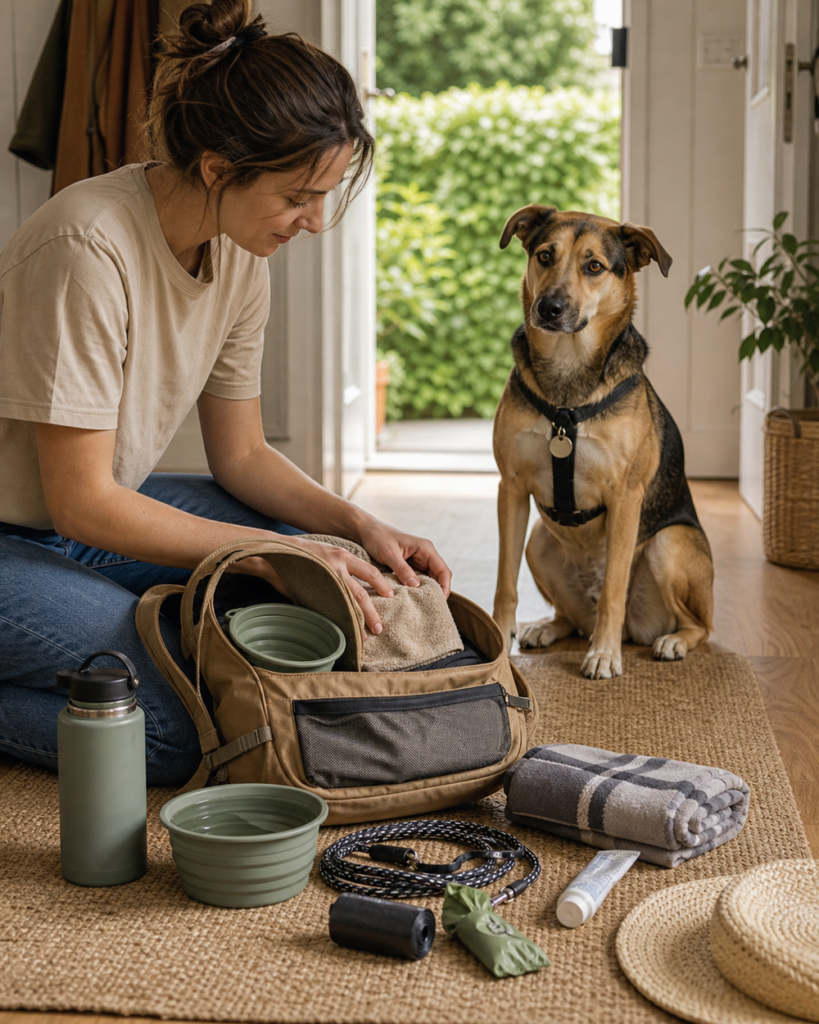 Packliste für einen Sommerausflug mit Hund mit Wasserflasche, Napf, Leine und Tuch