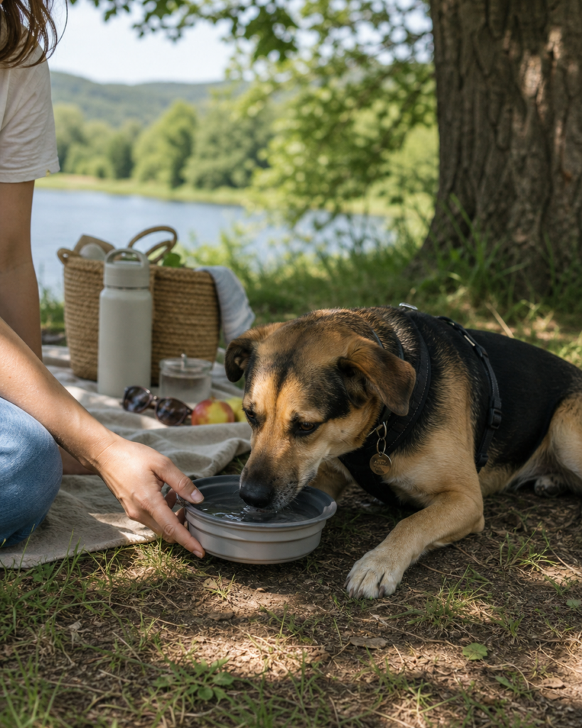 Hund trinkt im Schatten aus einem faltbaren Napf während eines Sommerausflugs