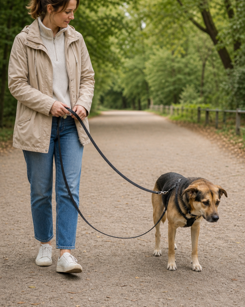 Ängstlicher Hund läuft mit Abstand und lockerer Leine auf einem ruhigen Weg